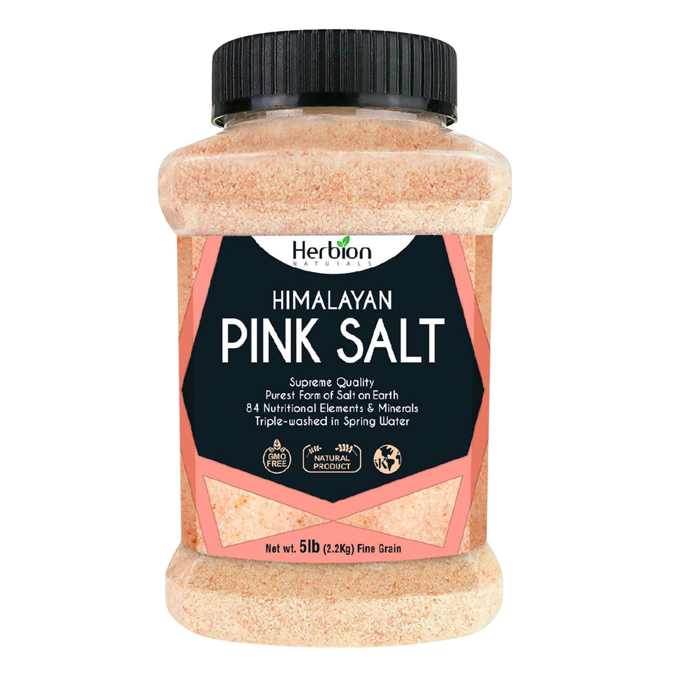 HERBION Naturals Himalayan pink salt jar—fine grain for everyday cooking and flavor enhancement.