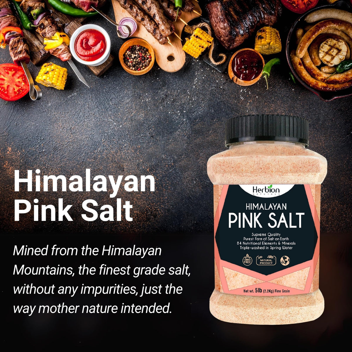 Open jar with salt crystals shown; triple-washed in spring water for purity.