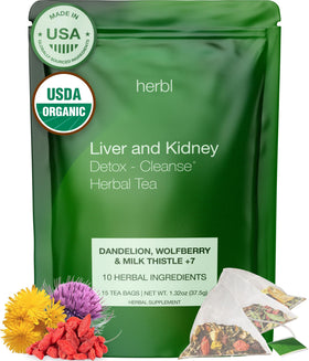 Herbl Organic Dandelion Wolfberry Tea bag in cup supports a daily detox ritual.