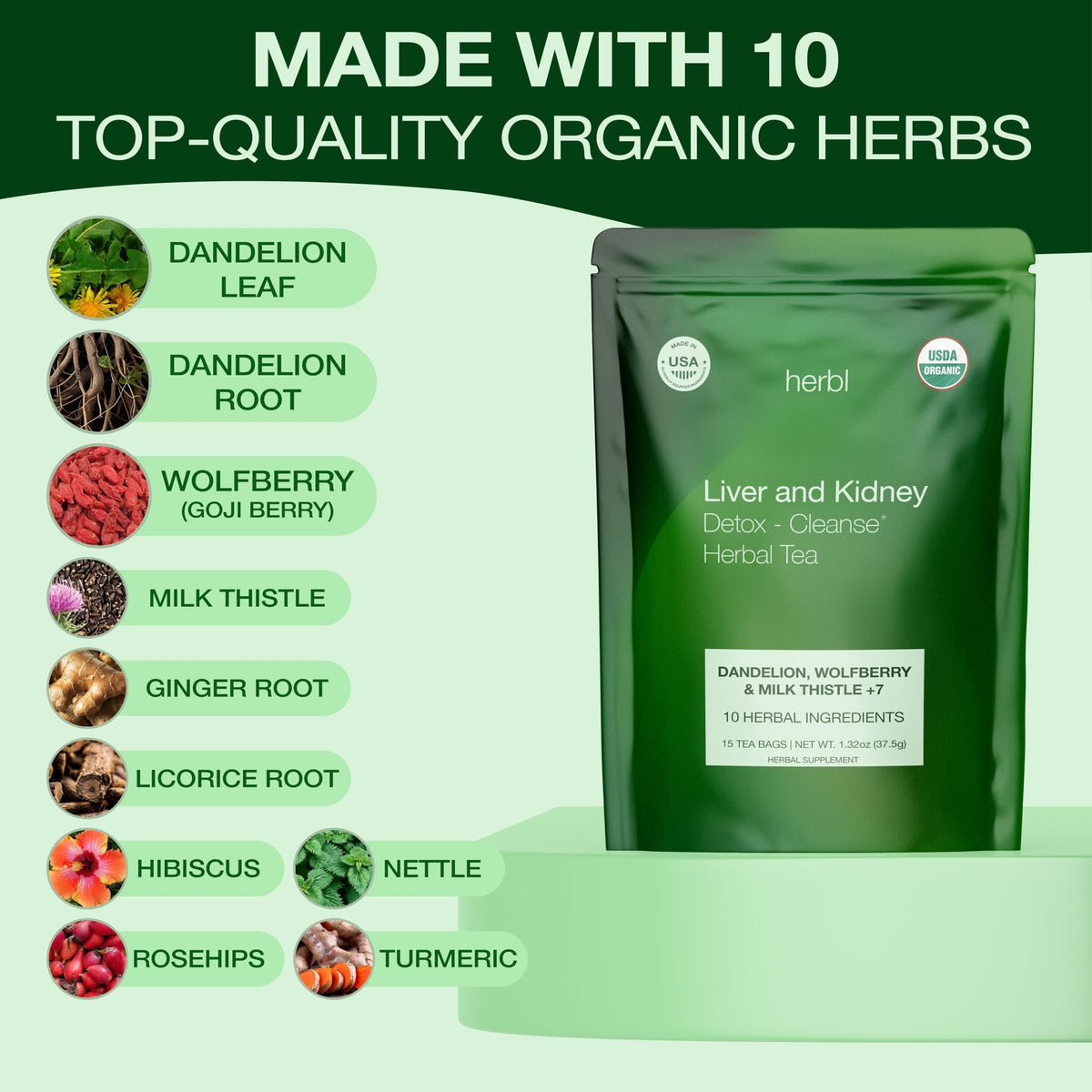 Herbl Organic Dandelion Wolfberry Tea leaves close-up showcases organic ingredients for wellness.