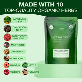 Herbl Organic Dandelion Wolfberry Tea leaves close-up showcases organic ingredients for wellness.