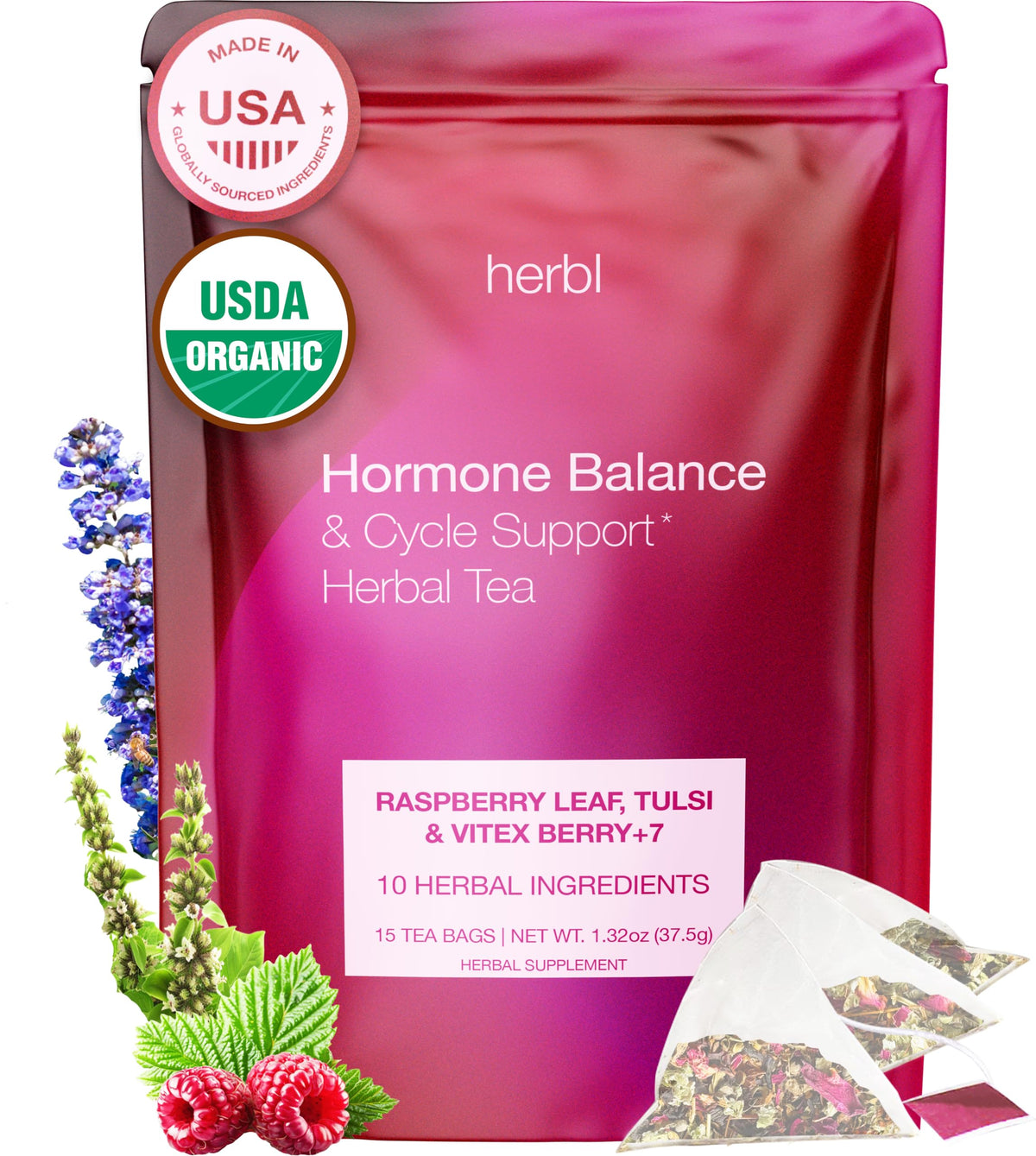 Herbl Organic Hormone Balance Tea bag close-up, premium blend for cycle balance and daily ritual.