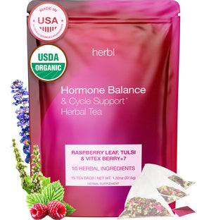Herbl Organic Hormone Balance Tea bag close-up, premium blend for cycle balance and daily ritual.