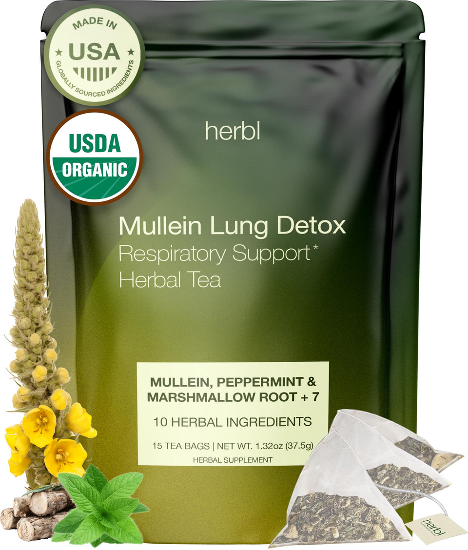 Herbl Organic Mullein Tea packaging highlights natural lung support ingredients
