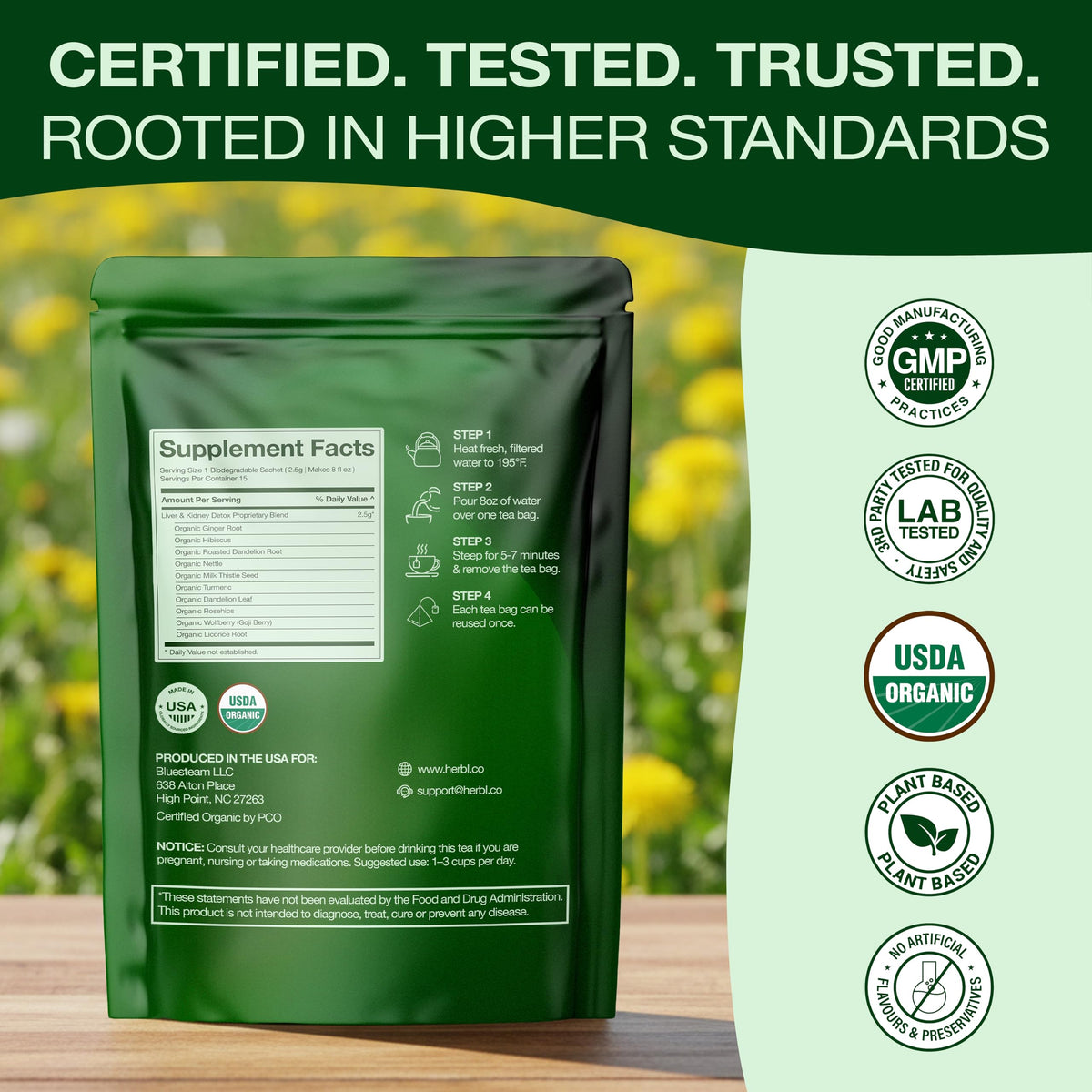 Herbl Organic tea packaging, USA-made with pure herbs for a clean detox.