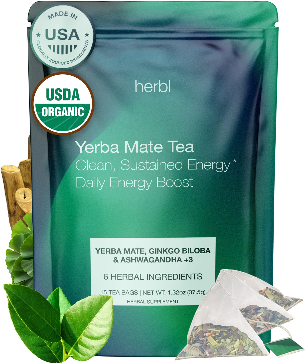 Herbl organic yerba mate tea bags ready for a balanced energy ritual