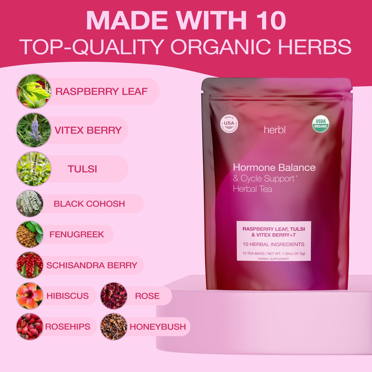 Herbl Raspberry Leaf Tea steeping in cup, caffeine-free daily comfort for natural balance.