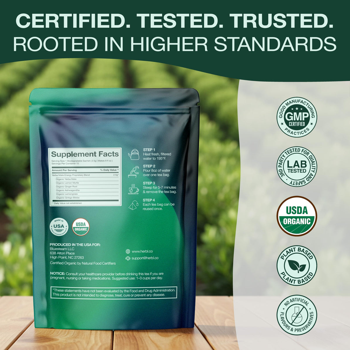 USDA organic certification badge and third-party testing visuals
