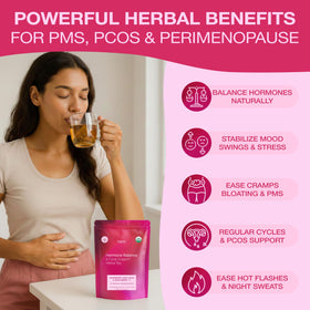 Herbl Vitex berry tea jar, botanicals highlighted for hormonal balance.