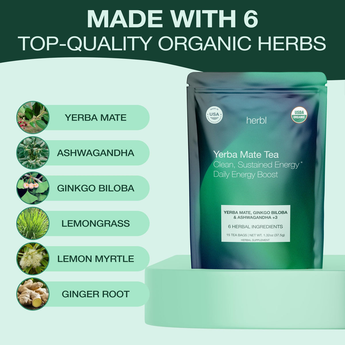 Close-up of Herbl yerba mate leaves showing quality and freshness