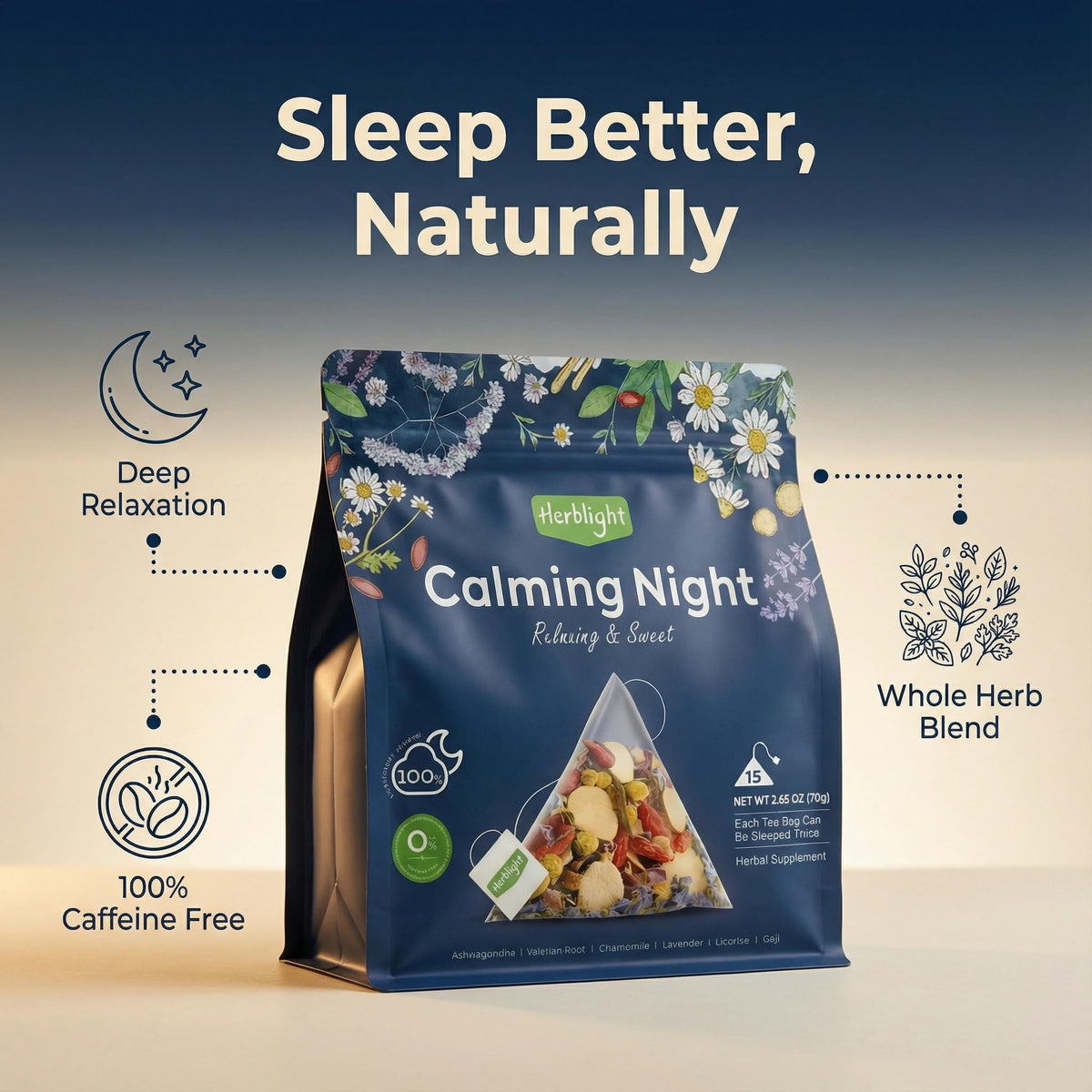 Herblight Bedtime Tea lavender and chamomile close-up for soothing evening relaxation.