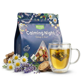 Herblight Bedtime Tea pyramid bag close-up showing whole herbs for a calming night ritual.