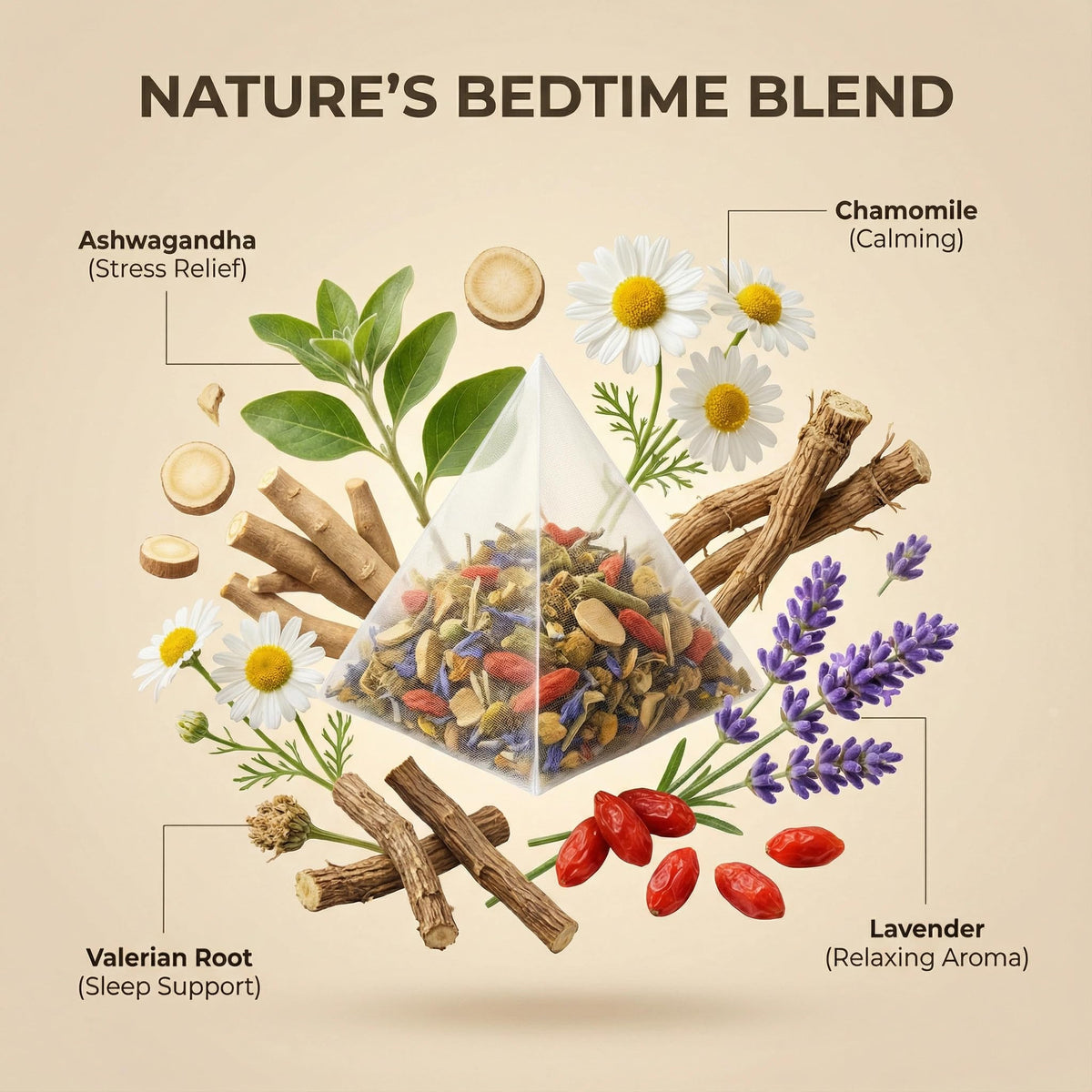 Herblight Bedtime Tea pyramid sachets arranged for a quiet, caffeine-free unwind.