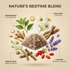 Herblight Bedtime Tea pyramid sachets arranged for a quiet, caffeine-free unwind.