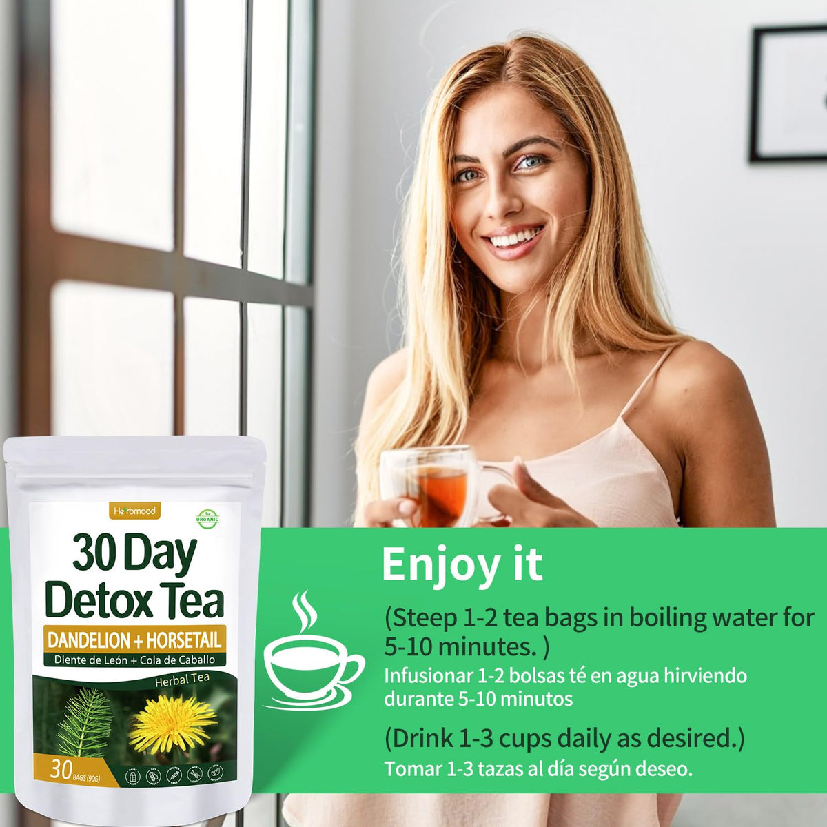 Herbmood tea brewing in a cup showing a calming daily ritual for wellness.