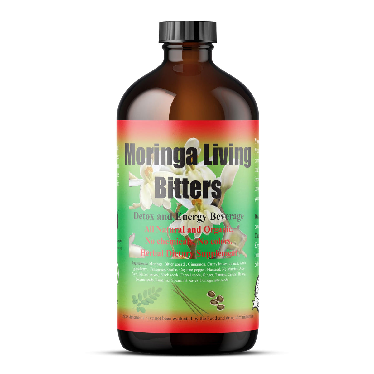 HERBOGANIC Moringa Living Bitter bottle on display for daily wellness rituals.