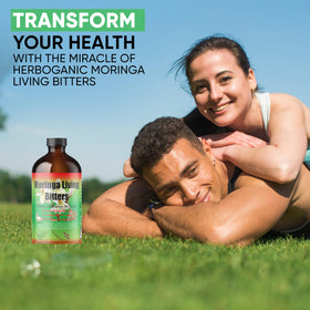 HERBOGANIC Moringa Living Bitter bottle beside a cup for a soothing wellness moment.