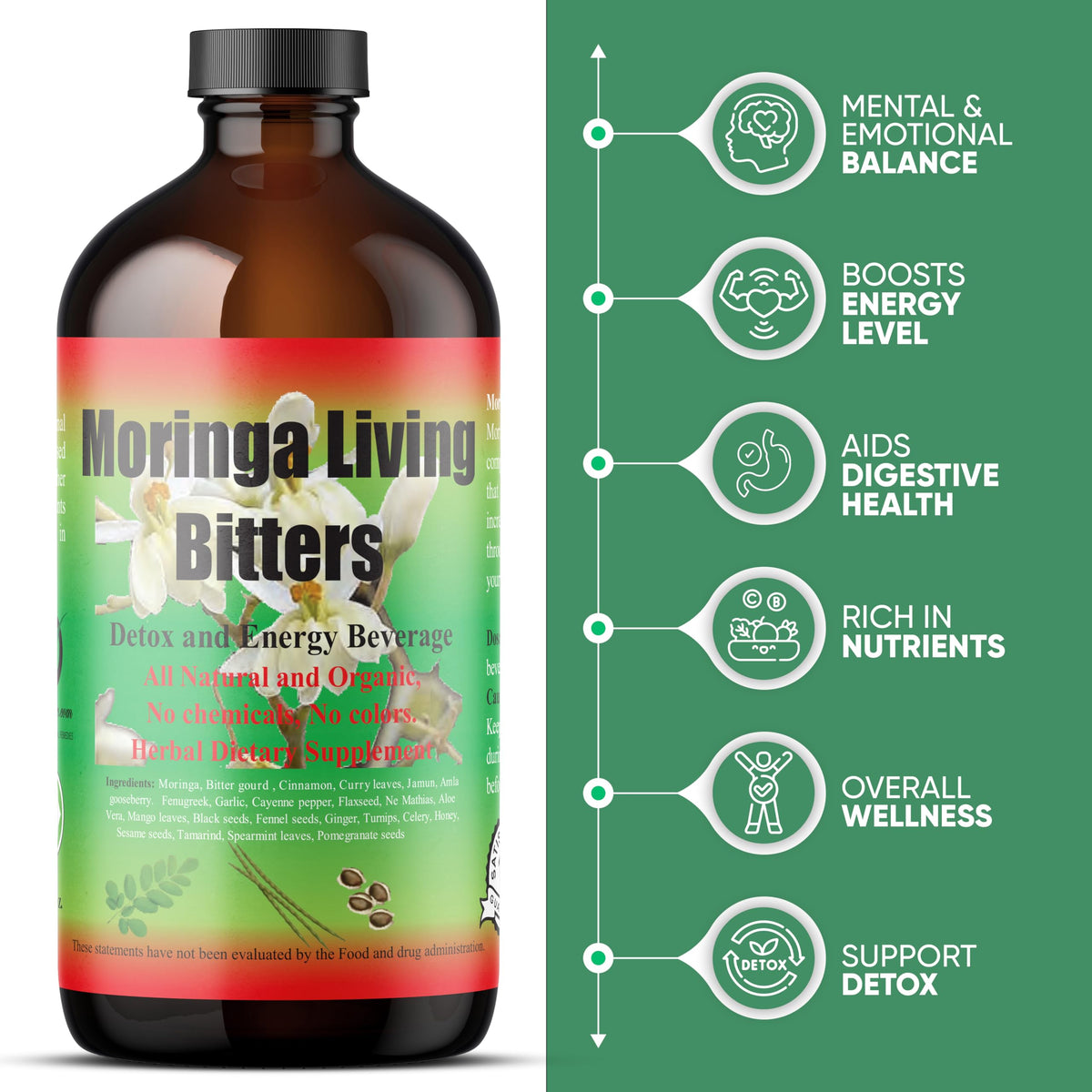 Ingredients highlight shows HERBOGANIC Moringa Living Bitter plant-based blend.