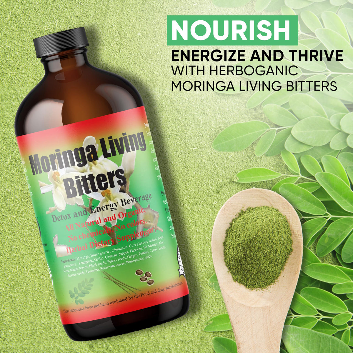 Label detail on HERBOGANIC Moringa Living Bitter emphasizes natural roots.