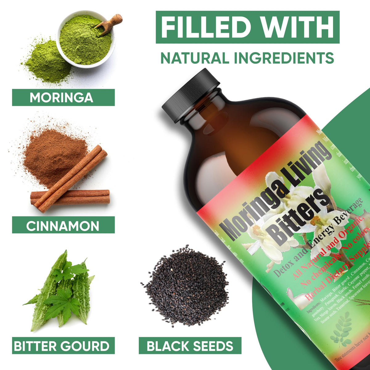 Pouring HERBOGANIC Moringa Living Bitter into a glass supports a mindful routine.