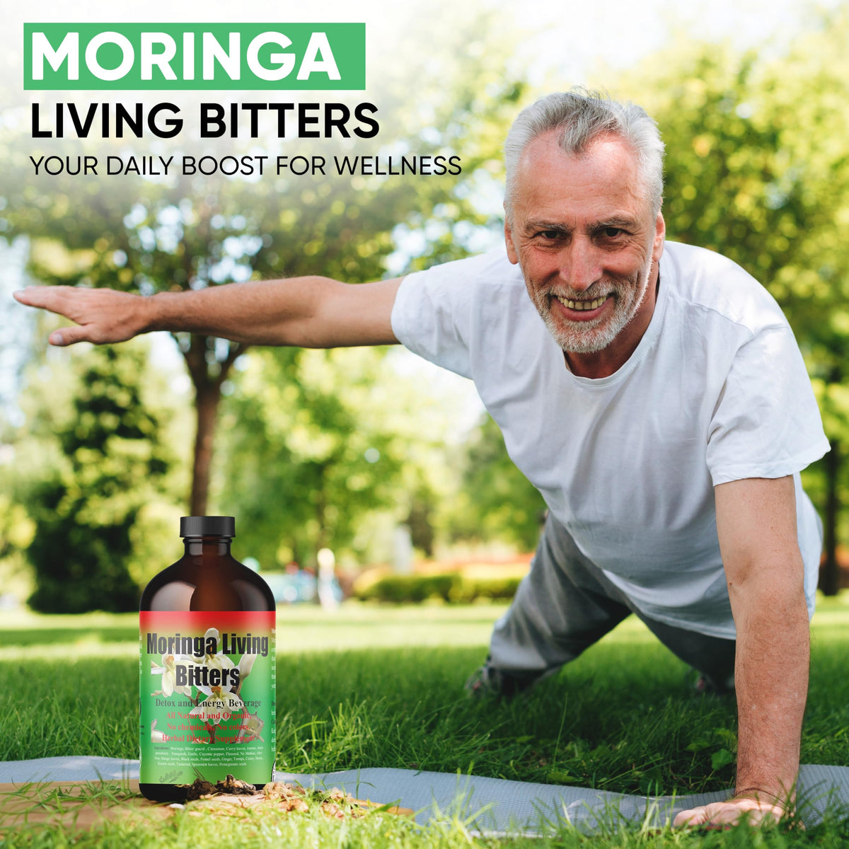 HERBOGANIC Moringa Living Bitter bottle with spoon ready for daily use.