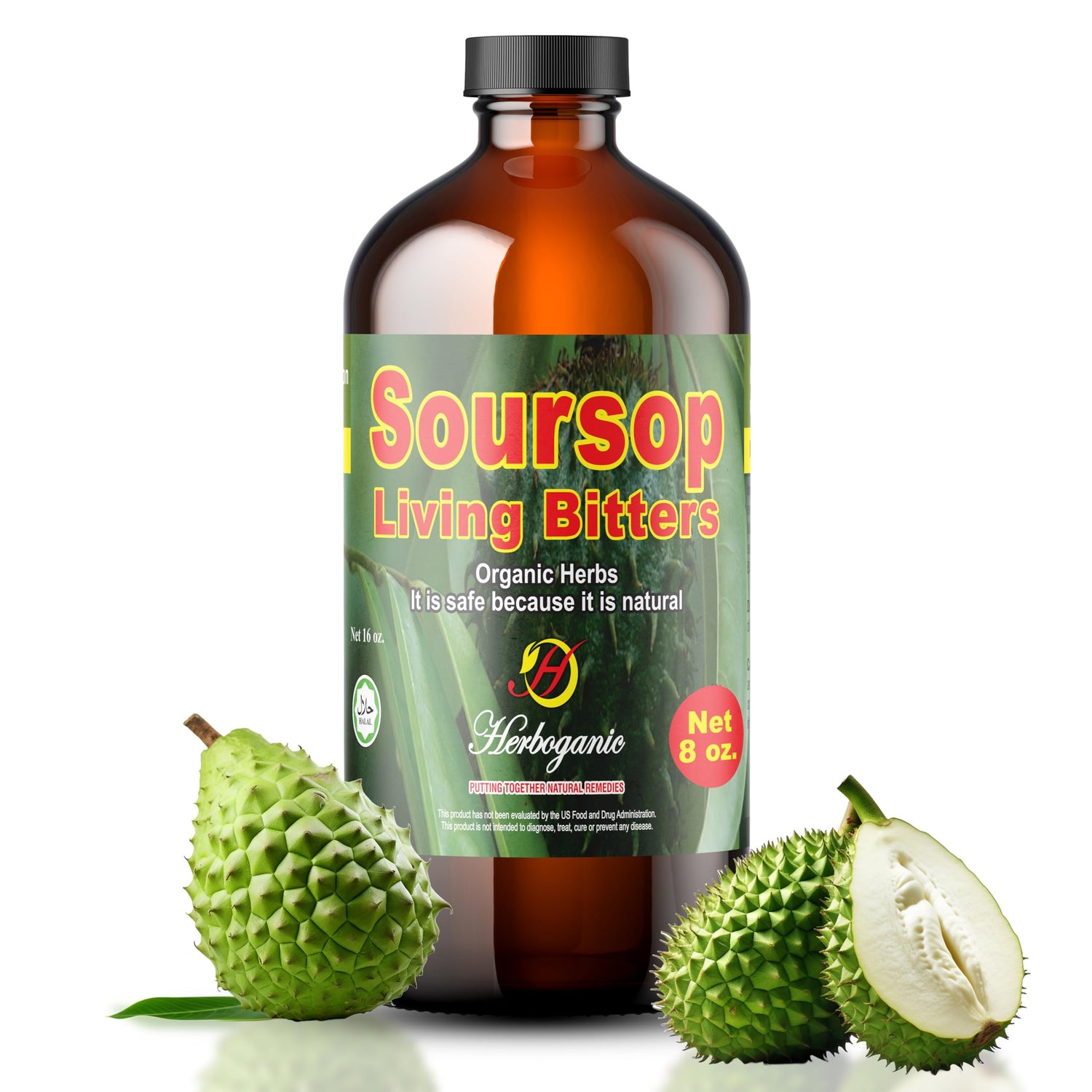 Herboganic Soursop Bitters bottle on display for daily wellness.