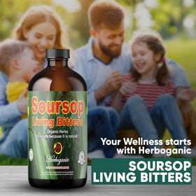 Ingredient-rich Herboganic Soursop Bitters blend shown with herbs.