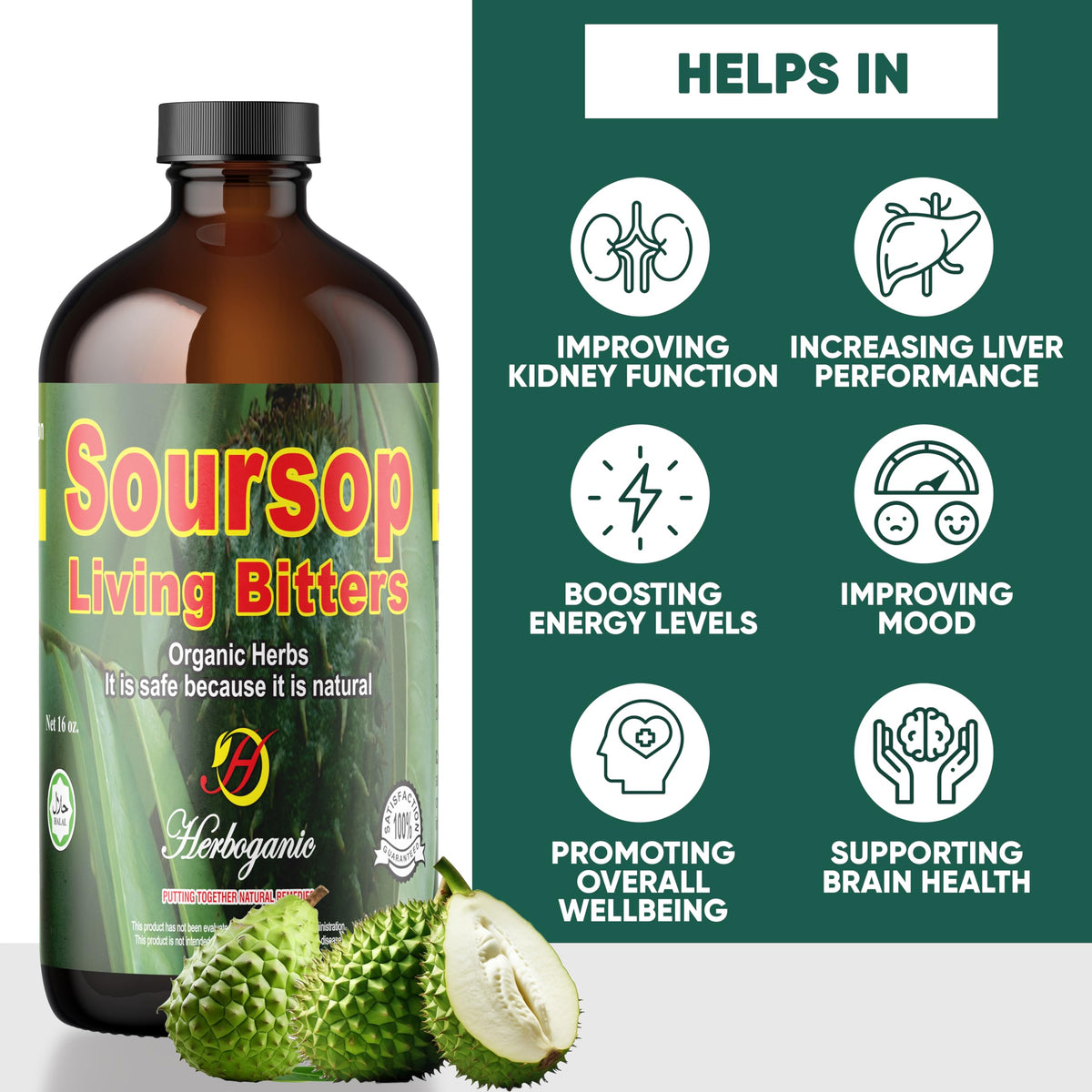 Herboganic Soursop Bitters label close-up highlighting branding and ingredients.