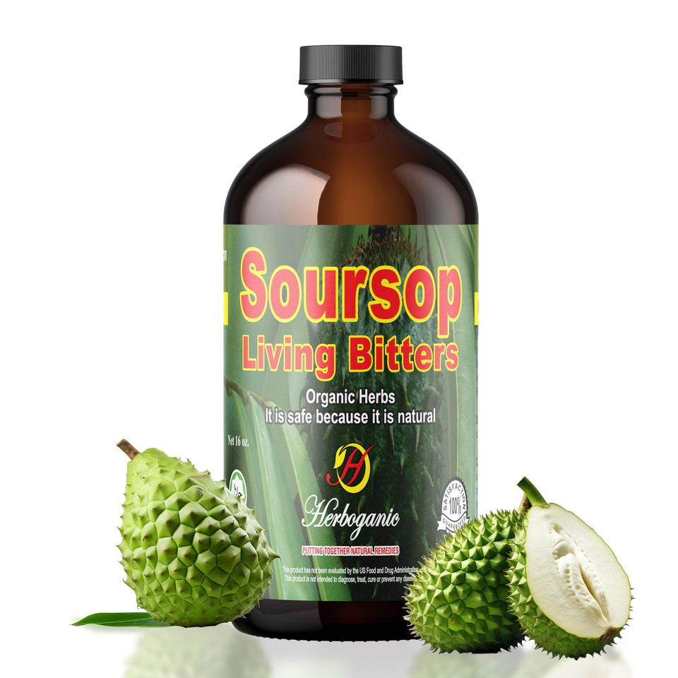 HERBOGANIC Soursop Bitters Bottle on display highlighting organic ingredients for everyday wellness