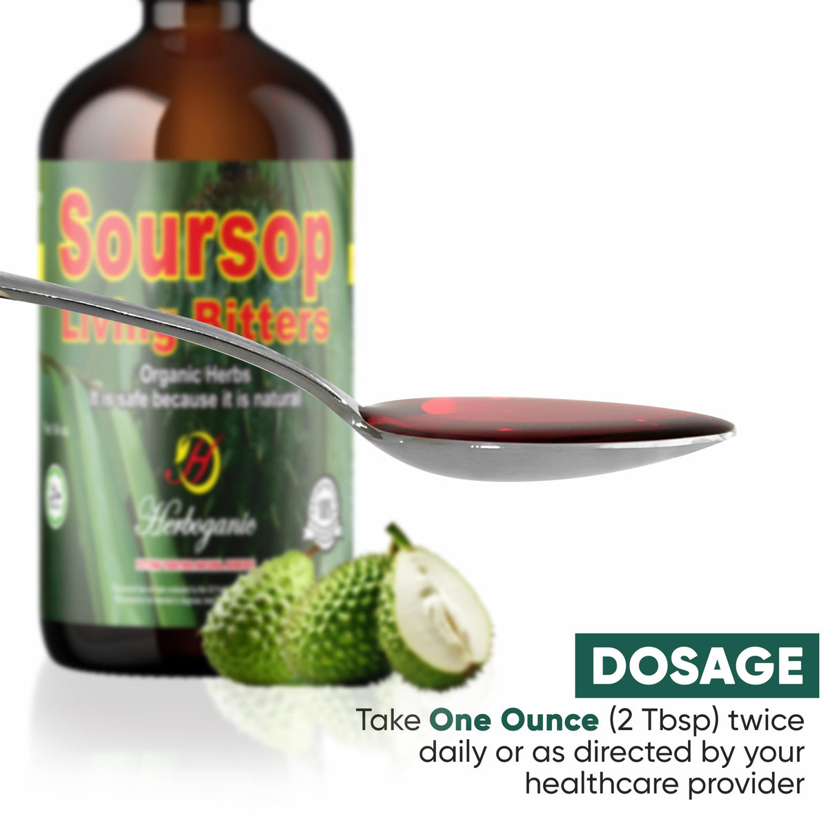 Organic label on HERBOGANIC Soursop Bitters bottle emphasizing vegan and gluten free attributes