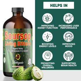 Soursop fruit close-up beside HERBOGANIC bitters