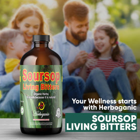 Vegan and gluten free icons beside HERBOGANIC bitters packaging