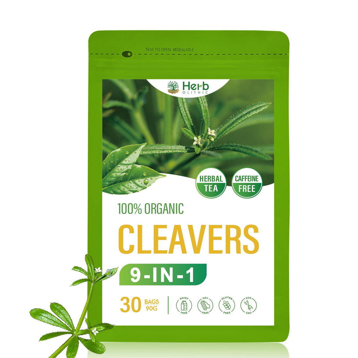 HerbOLITHIC Cleavers Tea bag-pack shows a 9-in-1 blend for gentle detox