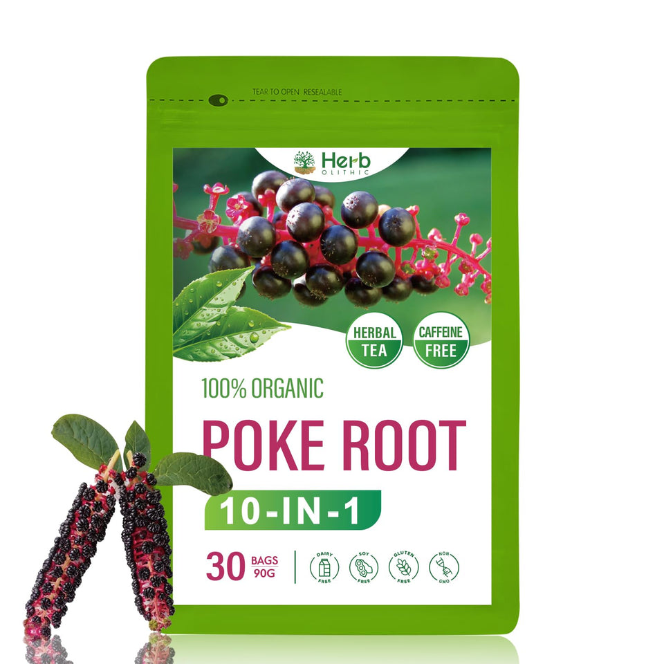 HerbOLITHIC poke-root-tea-bag steeping in cup for a refreshing herbal ritual.