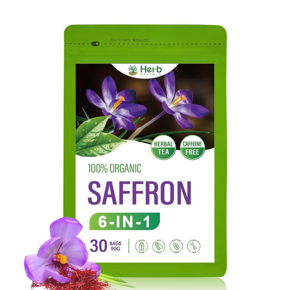 HerbOLITHIC saffron tea bag front view promotes calm and balanced mood.