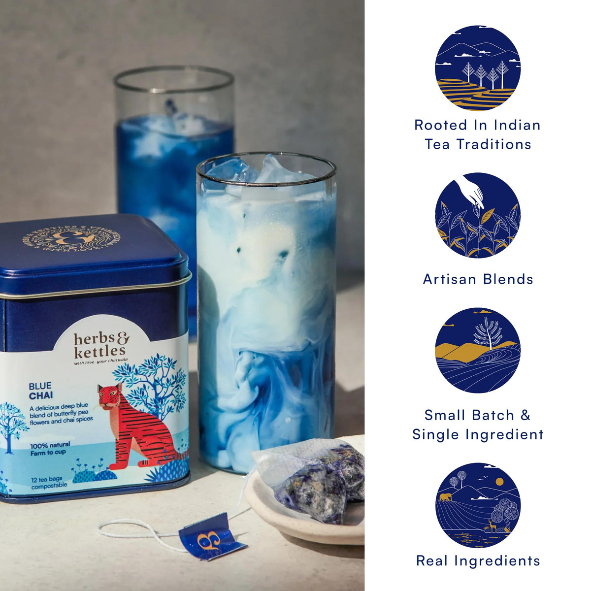 Herbs & Kettles Blue Chai Assam leaves provide bold, balanced flavor.