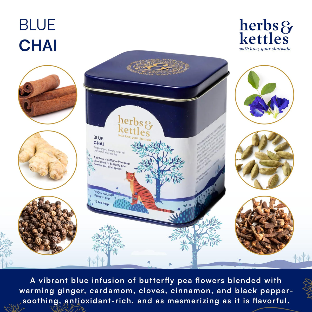 Herbs & Kettles Blue Chai steeped cup with smooth citrus notes.