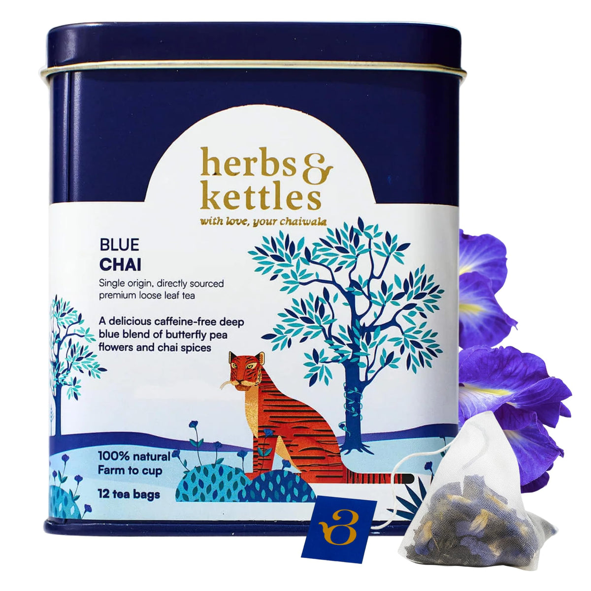 Herbs & Kettles Blue Chai tin packaging preserves freshness and aroma.