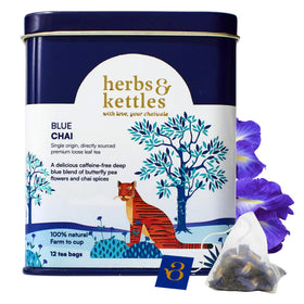 Herbs & Kettles Blue Chai tin packaging preserves freshness and aroma.