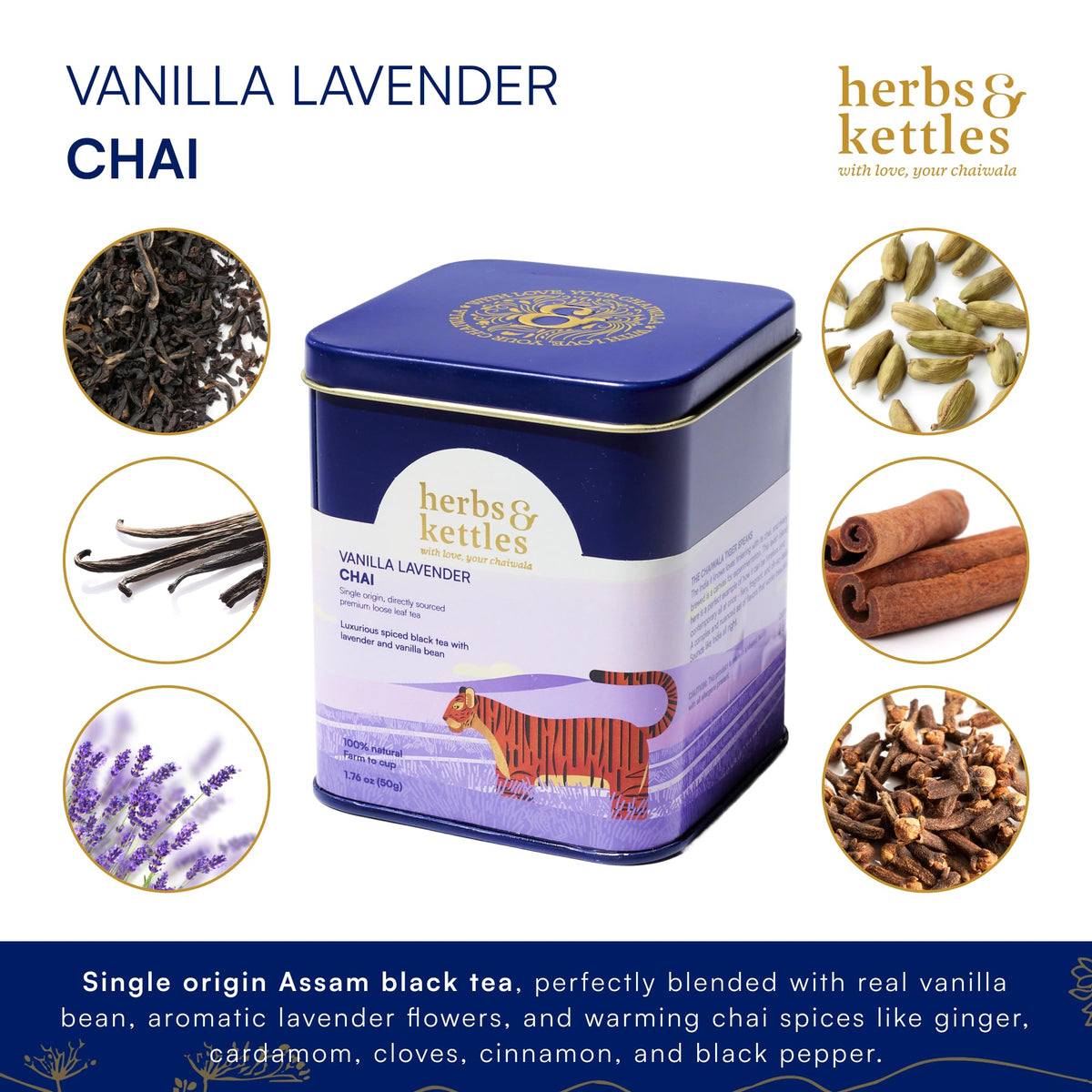 Herbs & Kettles Vanilla Lavender chai leaves showcase premium single-origin ingredients.