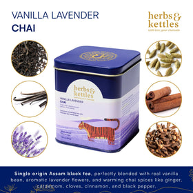 Herbs & Kettles Vanilla Lavender chai leaves showcase premium single-origin ingredients.