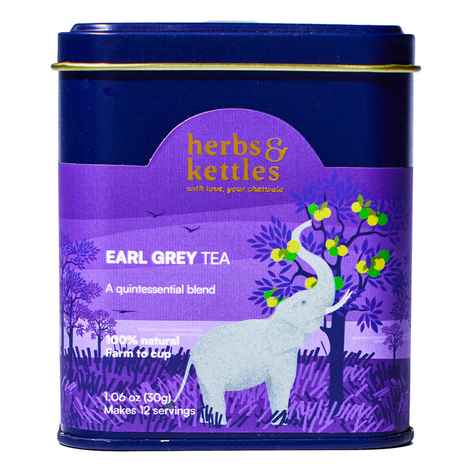 Herbs & Kettles Earl Grey tea pack shot highlighting premium loose leaf quality for gifting