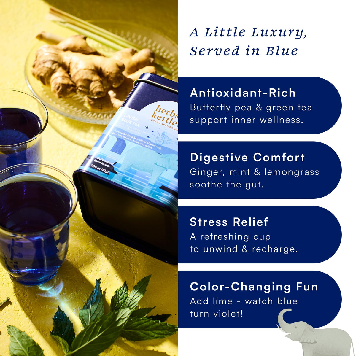 Herbs & Kettles Lavish Blue Tea butterfly pea flowers add vibrant hue and drama.