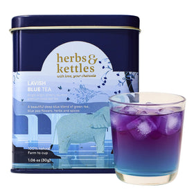 Herbs & Kettles Lavish Blue Tea color-change infusion with lime for a playful moment.