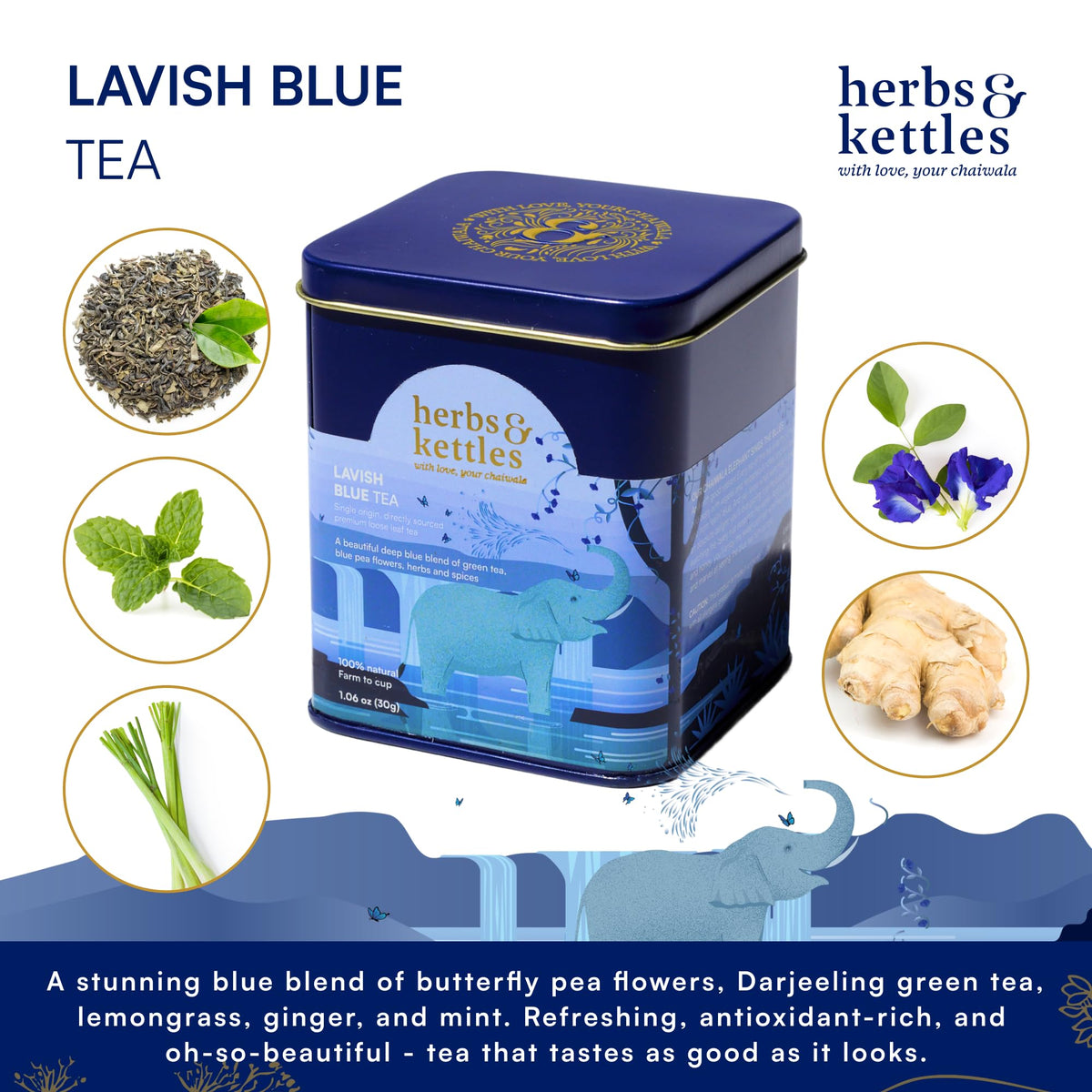 Herbs & Kettles Lavish Blue Tea Darjeeling green base aroma in a soothing cup.