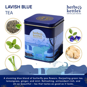 Herbs & Kettles Lavish Blue Tea Darjeeling green base aroma in a soothing cup.