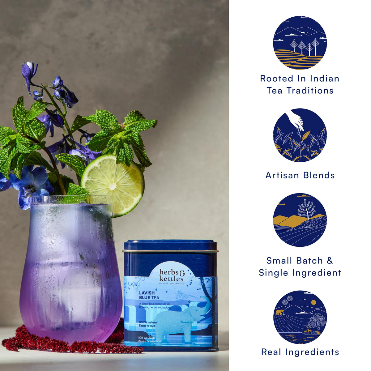 Herbs & Kettles Lavish Blue Tea hot or iced serving in a clear glass.