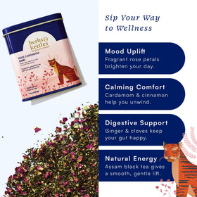 Herbs & Kettles Rose Cardamom Chai green cardamom and spices create warm, comforting notes.