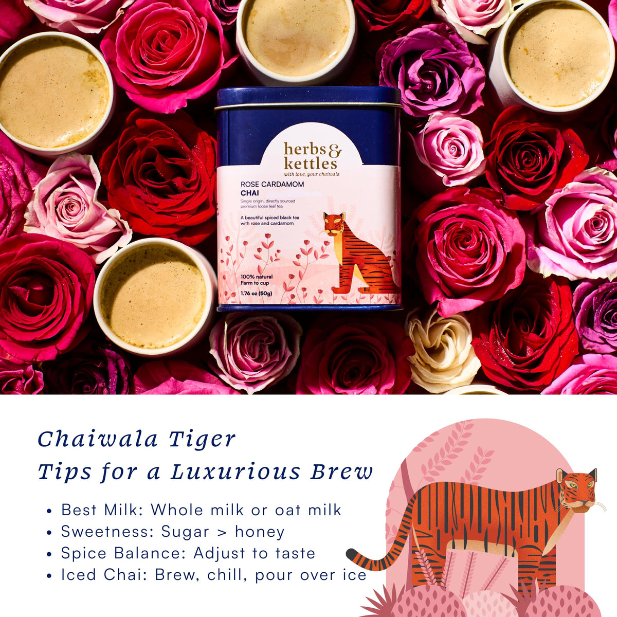 Herbs & Kettles Rose Cardamom Chai premium packaging ready for gifting.