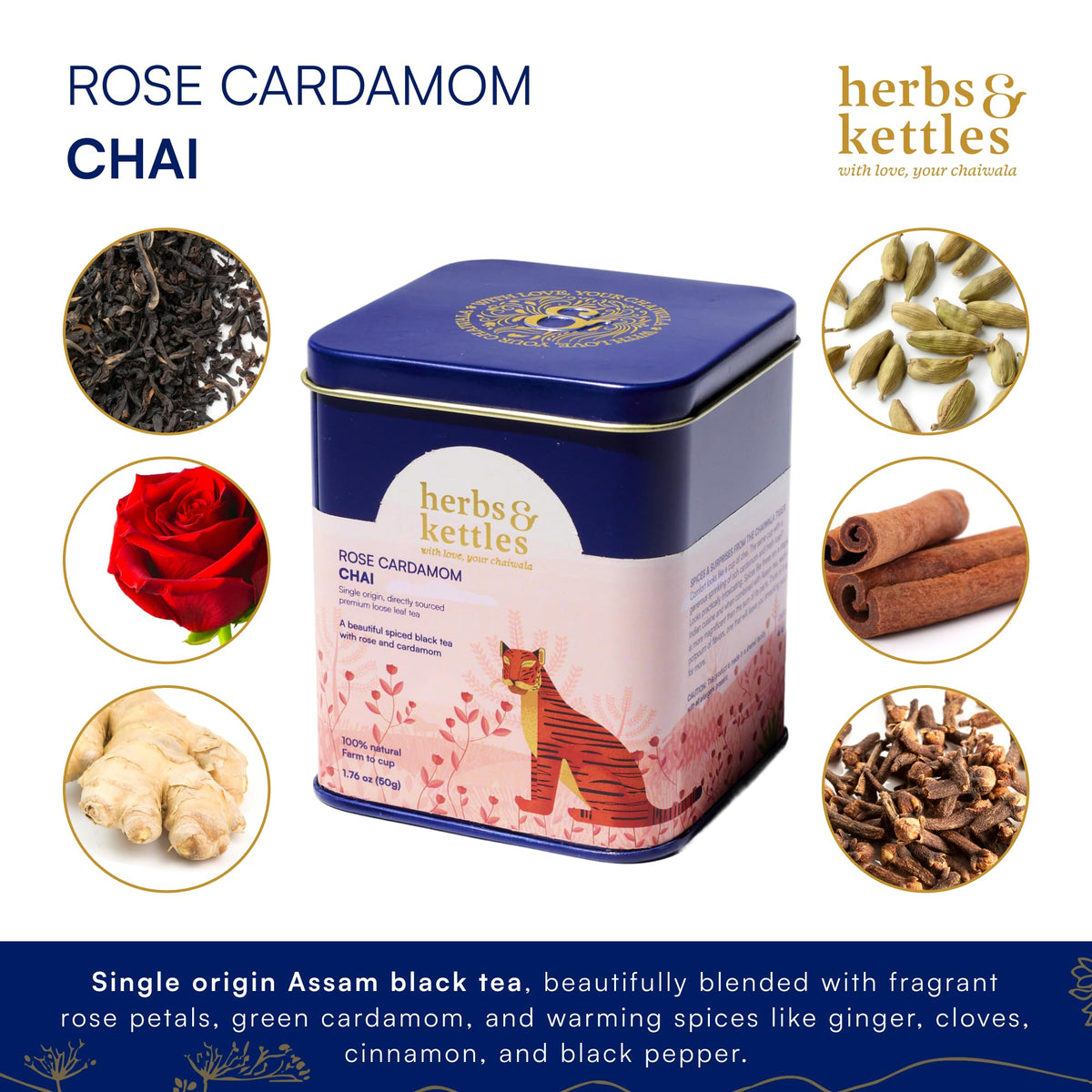 Herbs & Kettles Rose Cardamom Chai rose petals infuse a delicate floral scent.